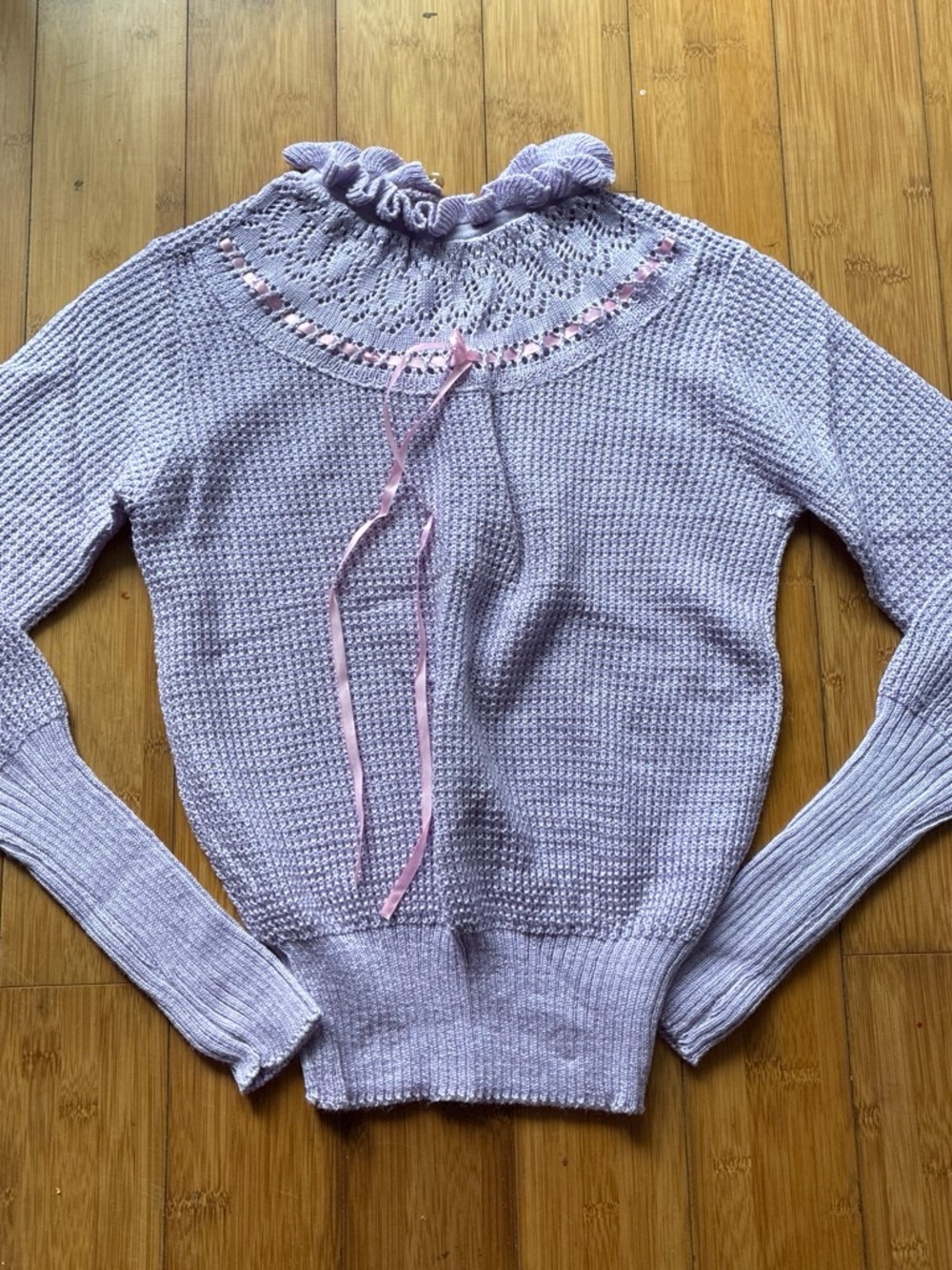 Vintage Lilac Knit Cowl Sweater with Pink Ribbon